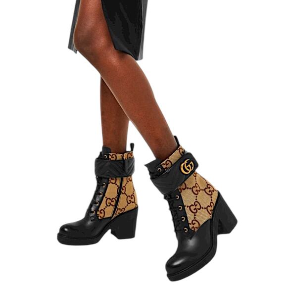 Gucci Flores Calfskin Monogram Double GG Ankle Boots Camel Ebony Size 36 - Picture 2 of 16